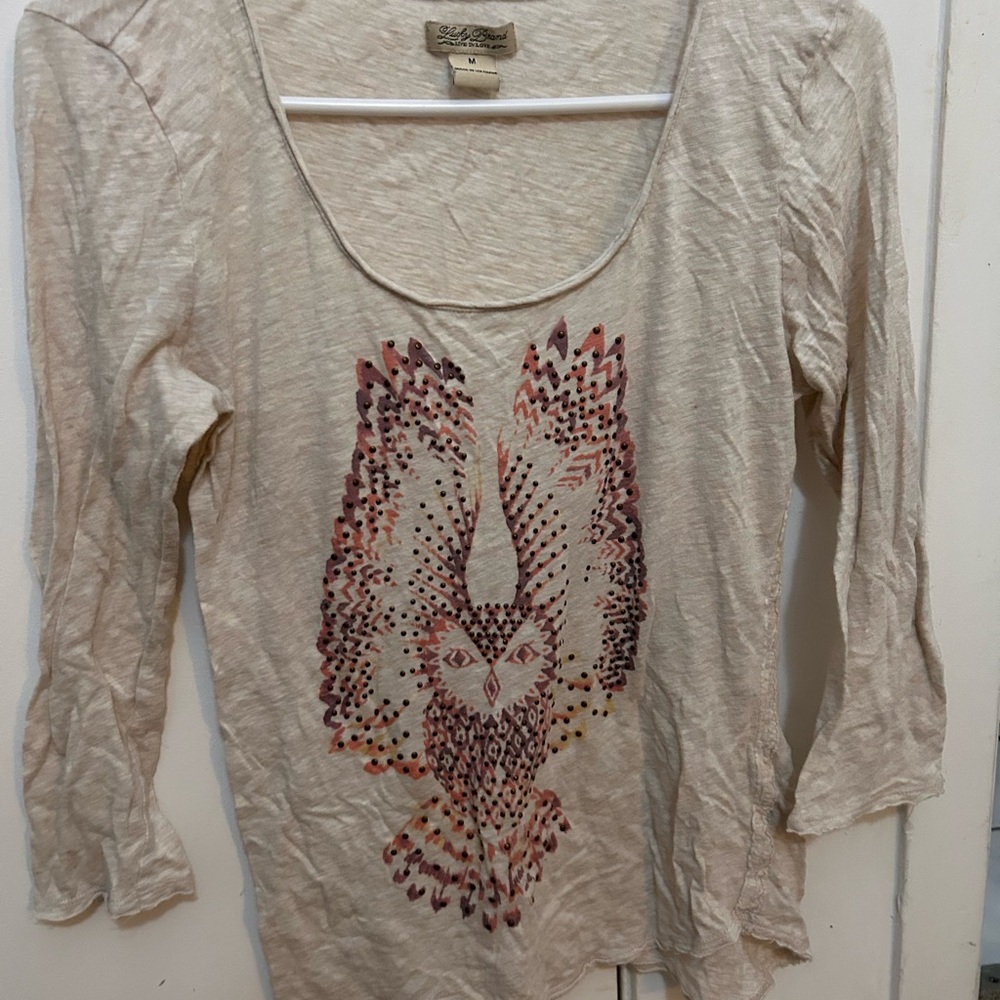 Lucky Brand Cream Graphic Long Sleeve Blouse